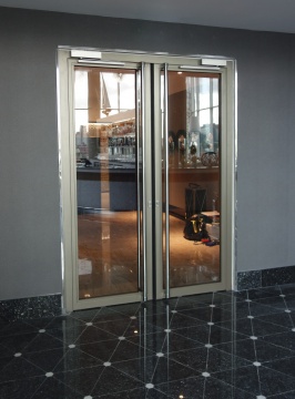 Powder coated fire rated double door with full length pull handles